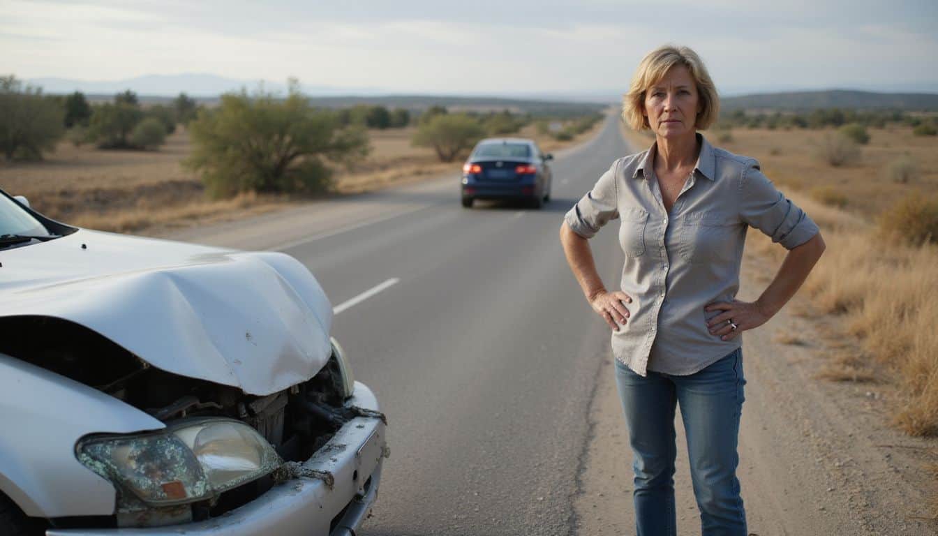 A frustrated middle-aged woman stands next to her damaged sedan on the side of a two-lane road. A frustrated middle-aged woman stands next to her damaged sedan on the side of a two-lane road.