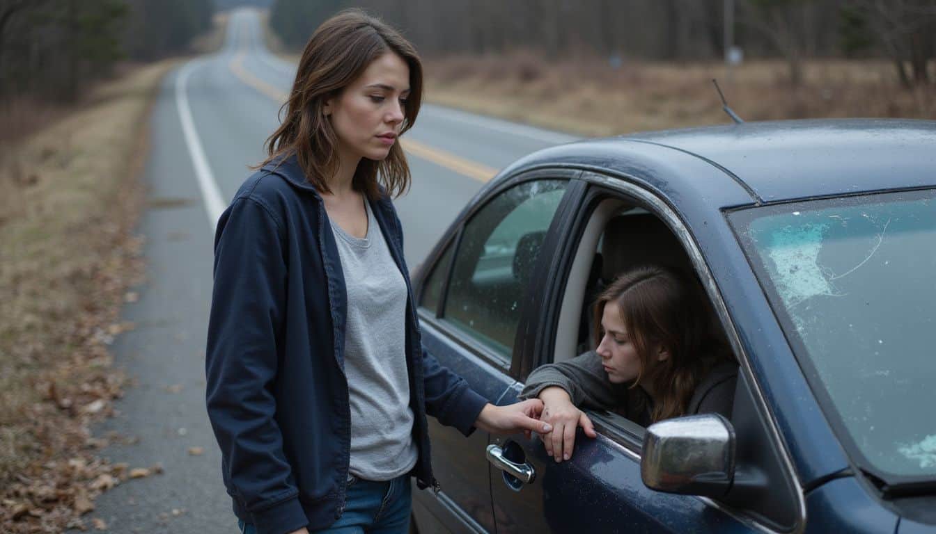 A focused woman in a worn jacket tends to an injured passenger beside a damaged vehicle on the roadside. A focused woman in a worn jacket tends to an injured passenger beside a damaged vehicle on the roadside.