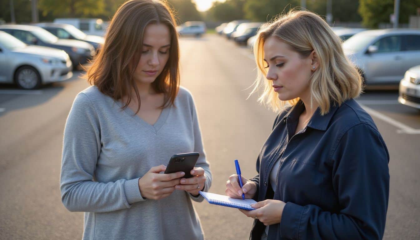 Two women are exchanging vehicle information in a parking lot, one capturing details on her phone while the other writes. Two women are exchanging vehicle information in a parking lot, one capturing details on her phone while the other writes.
