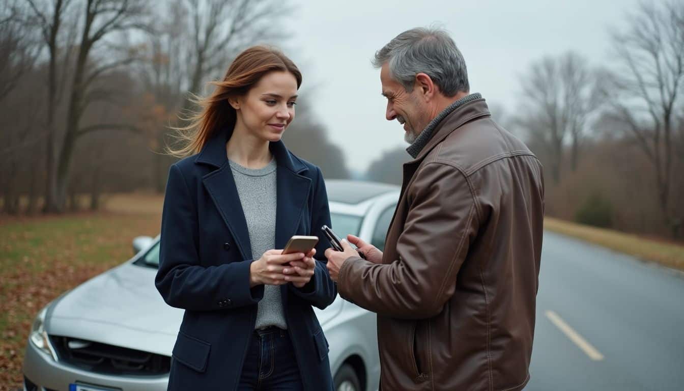 A woman in a navy coat engages with a hesitant man on the roadside, both holding smartphones. A woman in a navy coat engages with a hesitant man on the roadside, both holding smartphones.