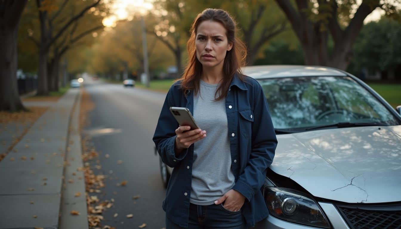 A concerned woman examines the damage on a dented silver sedan parked on a quiet suburban street. A concerned woman examines the damage on a dented silver sedan parked on a quiet suburban street.