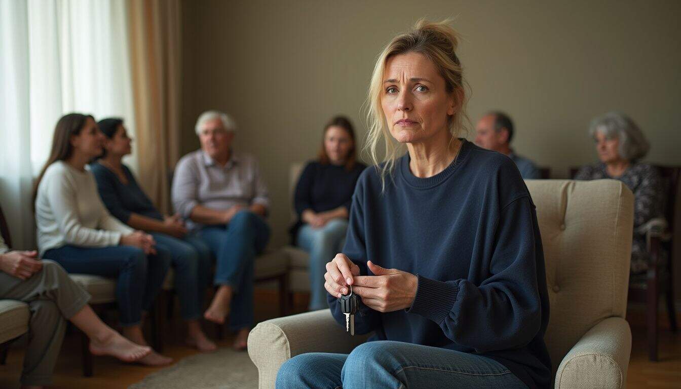 A middle-aged woman sits anxiously in an armchair, clutching a car key, surrounded by supportive individuals. A middle-aged woman sits anxiously in an armchair, clutching a car key, surrounded by supportive individuals.