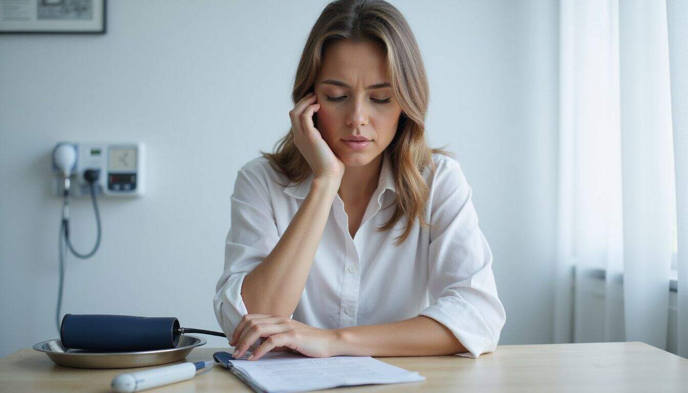 A woman in a doctor's office displays mild discomfort while reviewing paperwork after a recent car accident. A woman in a doctor's office displays mild discomfort while reviewing paperwork after a recent car accident.