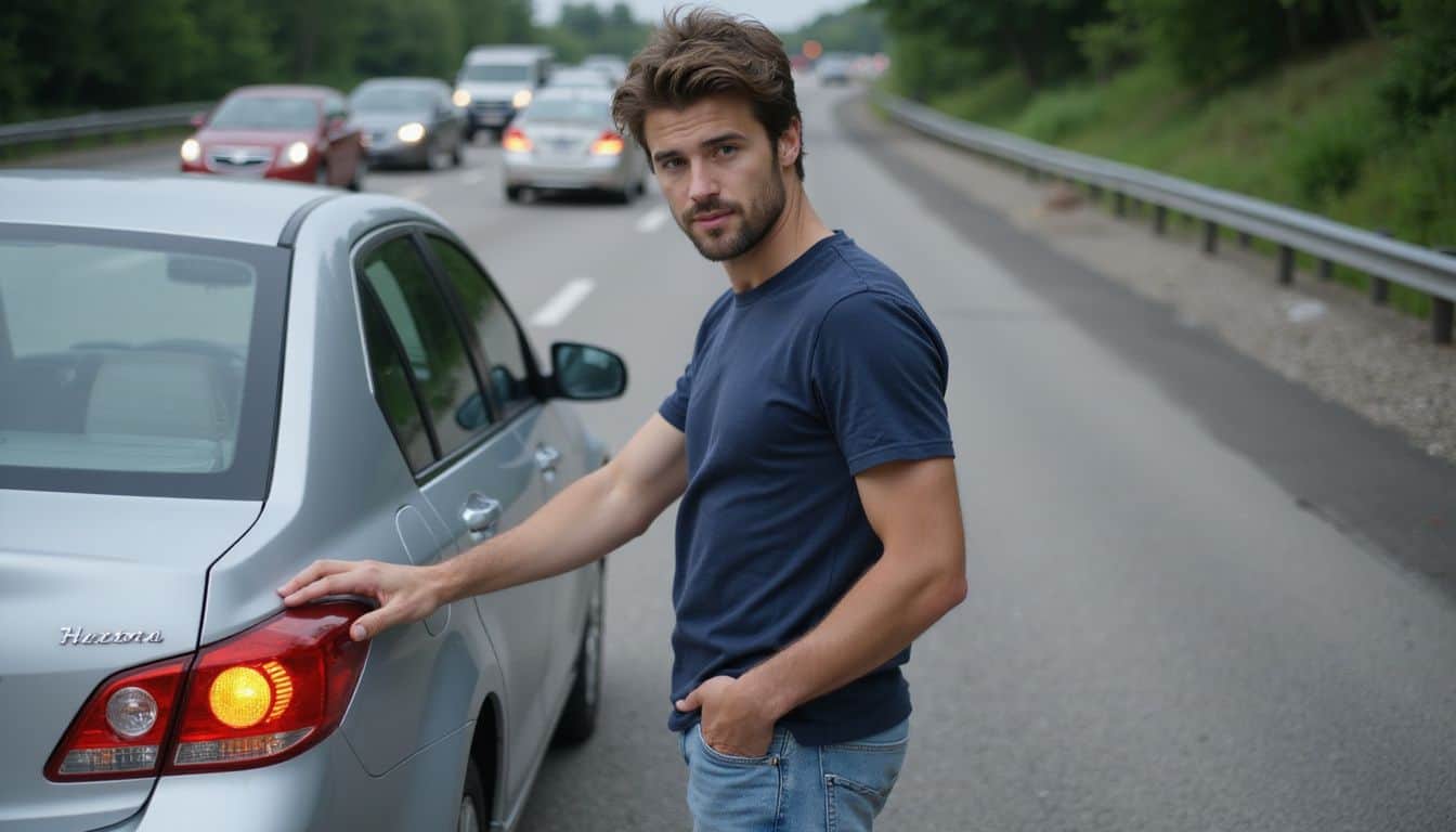 A man stands by his silver sedan on a busy highway, focused on assessing oncoming traffic while activating hazard lights. A man stands by his silver sedan on a busy highway, focused on assessing oncoming traffic while activating hazard lights.