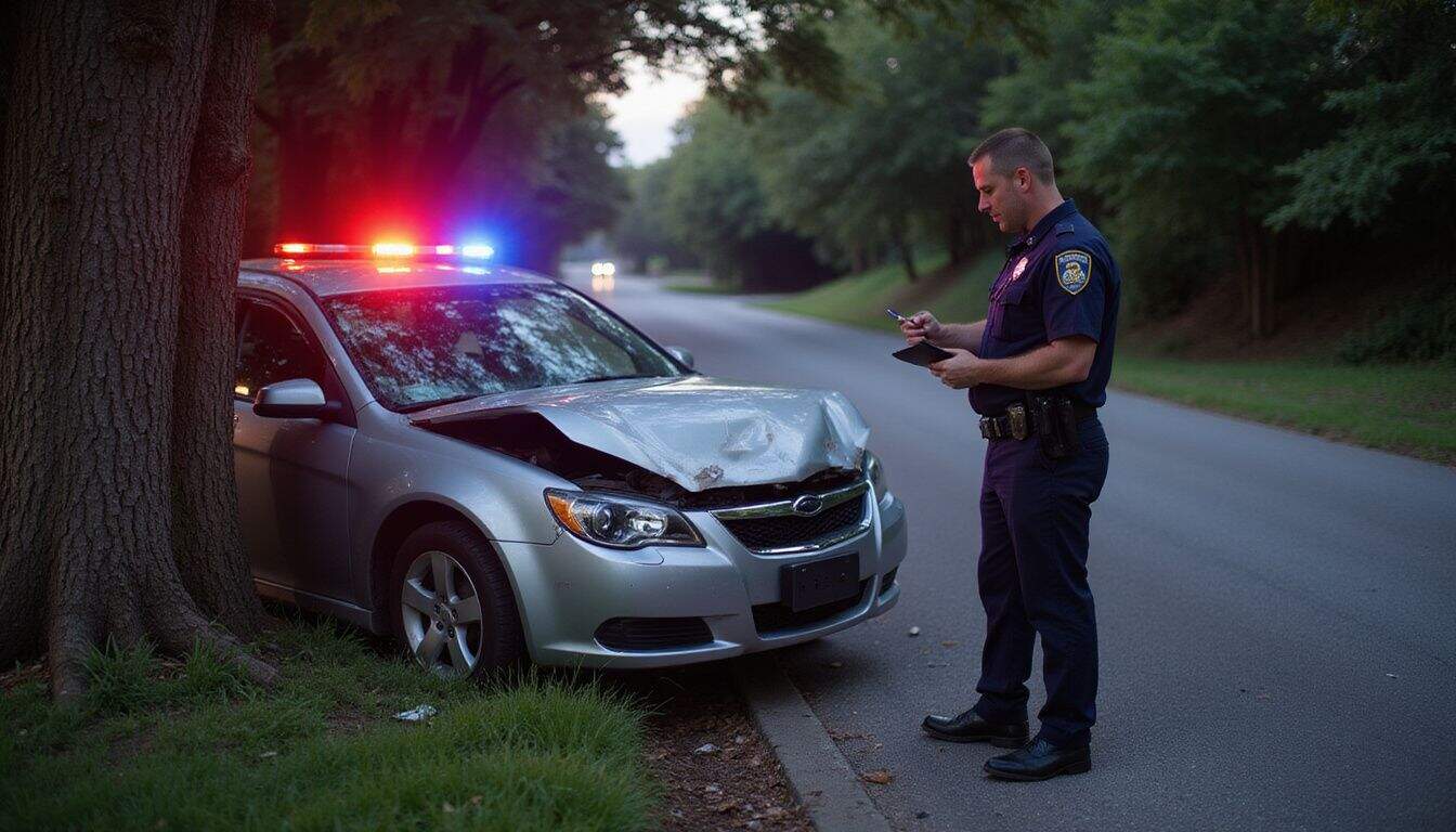 A police officer investigates a crash involving a silver sedan and an oak tree on a quiet road. A police officer investigates a crash involving a silver sedan and an oak tree on a quiet road.