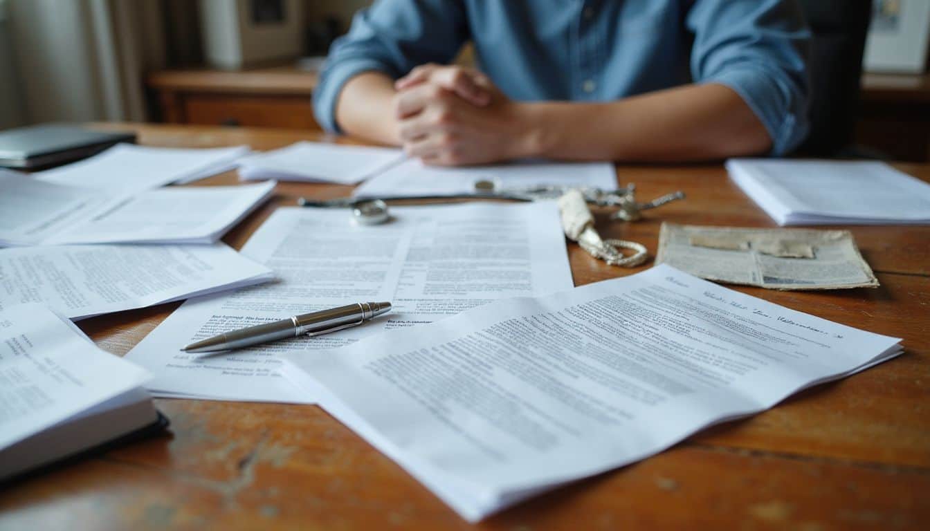 A cluttered wooden desk holds police reports, insurance forms, and a pen, suggesting a focused workspace. A cluttered wooden desk holds police reports, insurance forms, and a pen, suggesting a focused workspace.