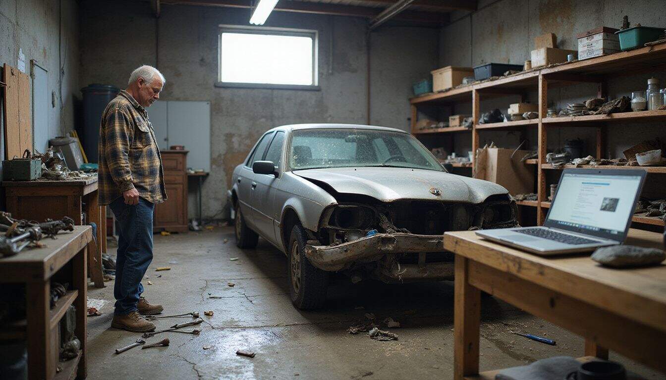 A man studies an insurance claim on a laptop near a damaged sedan in a cluttered garage. A man studies an insurance claim on a laptop near a damaged sedan in a cluttered garage.