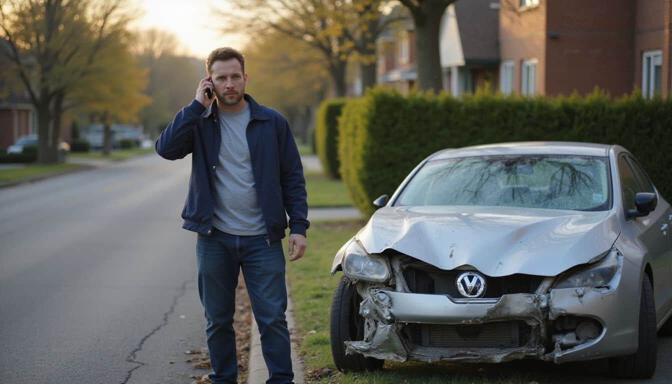 A concerned man in a navy jacket stands by a damaged silver sedan, talking urgently on his smartphone. A concerned man in a navy jacket stands by a damaged silver sedan, talking urgently on his smartphone.