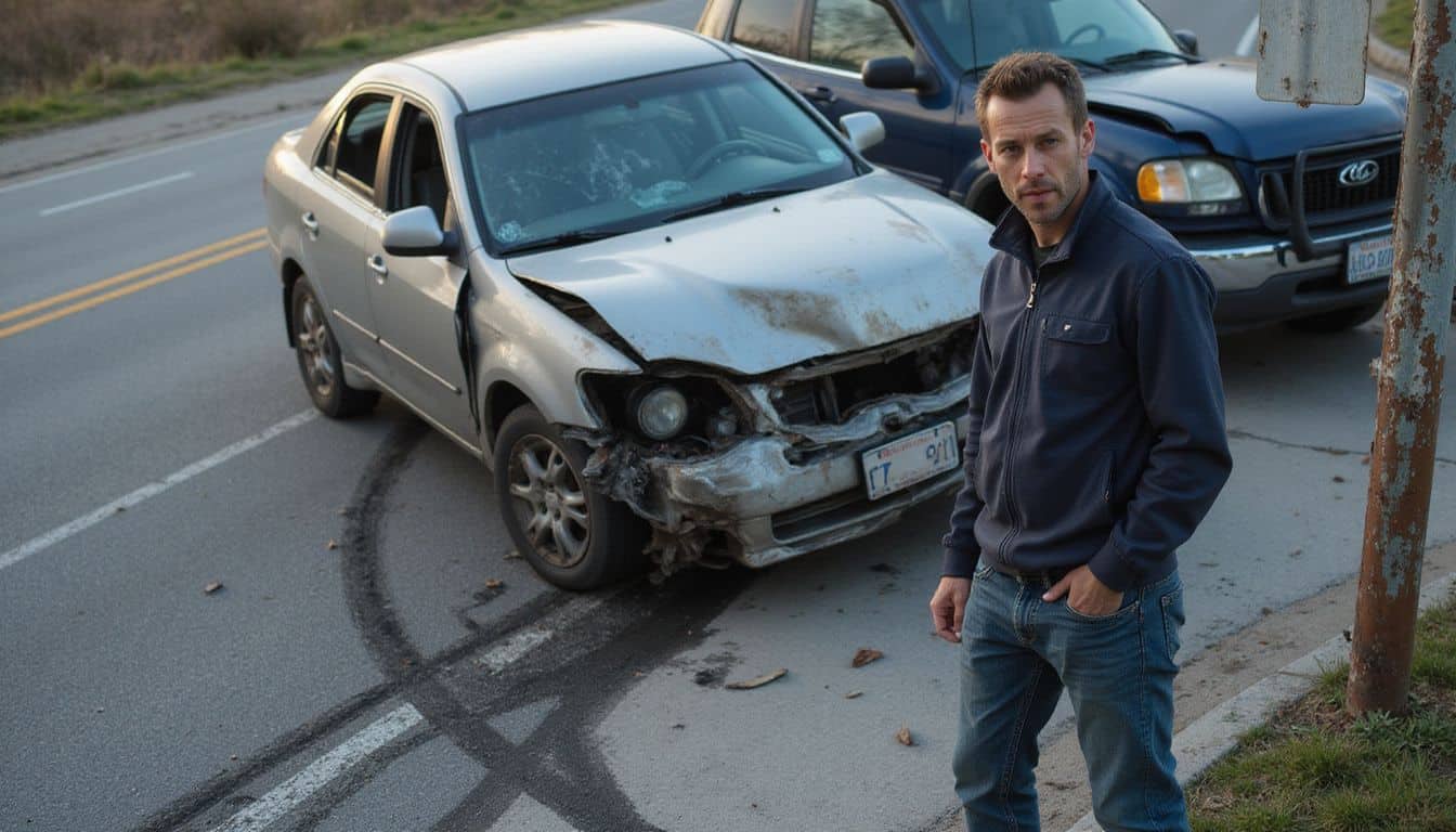 A silver sedan and dark blue SUV collide on a paved road, showing significant damage and debris around them. A silver sedan and dark blue SUV collide on a paved road, showing significant damage and debris around them.