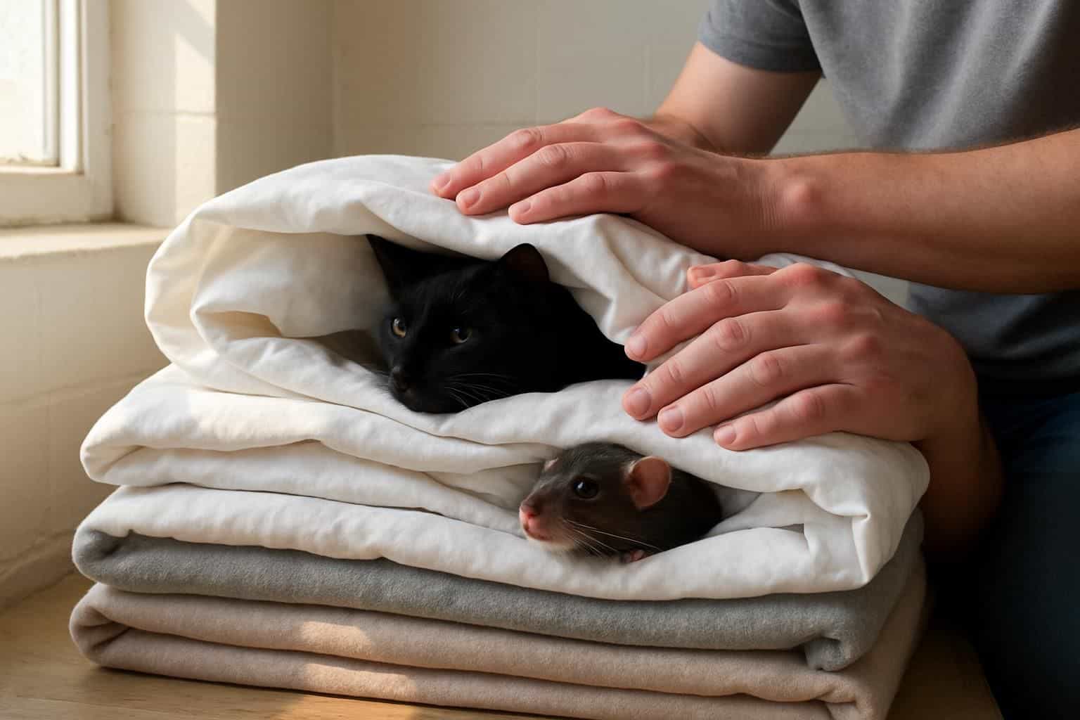 A caretaker gently tends to a cozy pile of blankets and sheets, as small animals peek from their soft retreats. A caretaker gently tends to a cozy pile of blankets and sheets, as small animals peek from their soft retreats.
