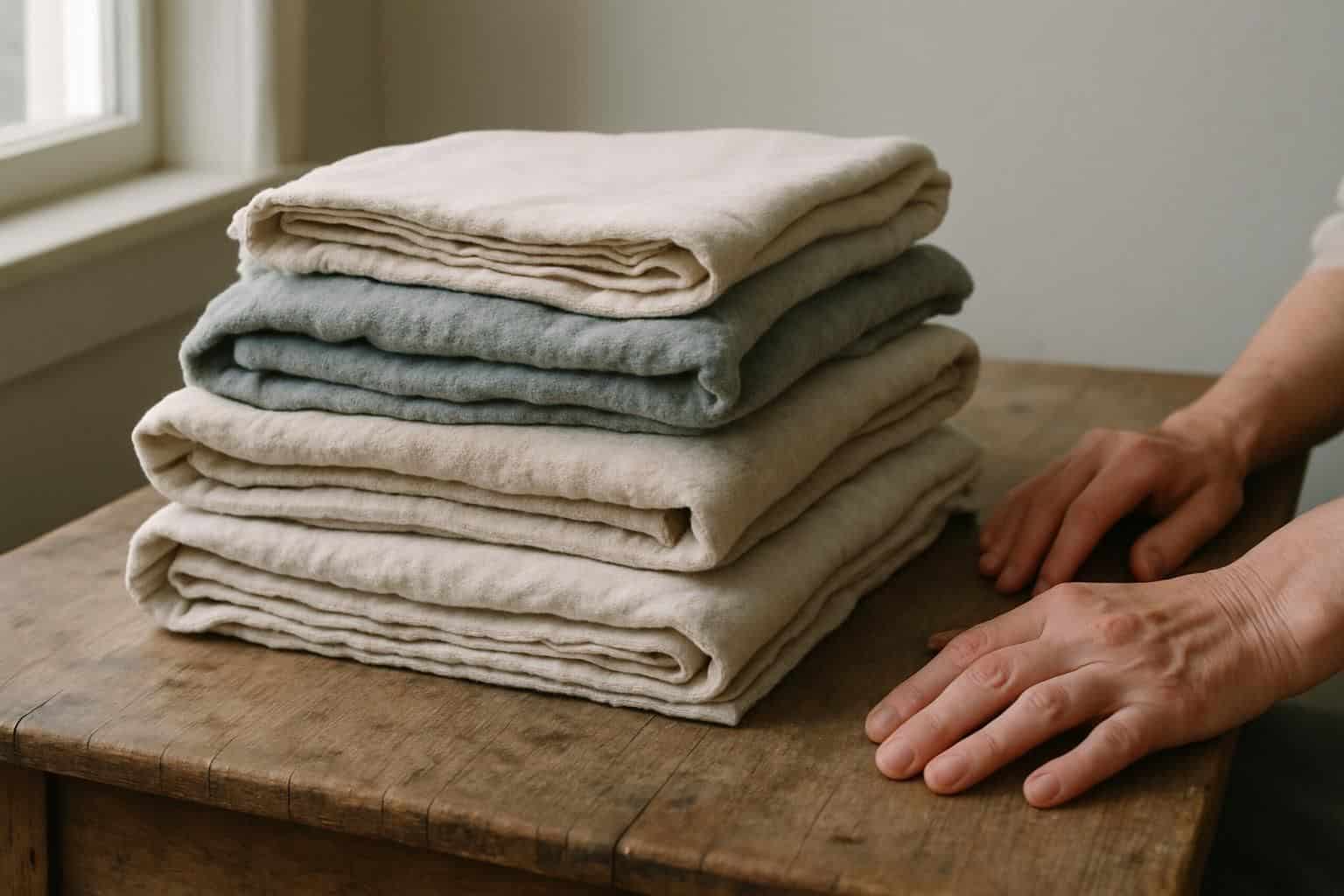 A cozy arrangement of well-worn blankets on a rustic wooden table, suggesting warmth and quiet reflection. A cozy arrangement of well-worn blankets on a rustic wooden table, suggesting warmth and quiet reflection.