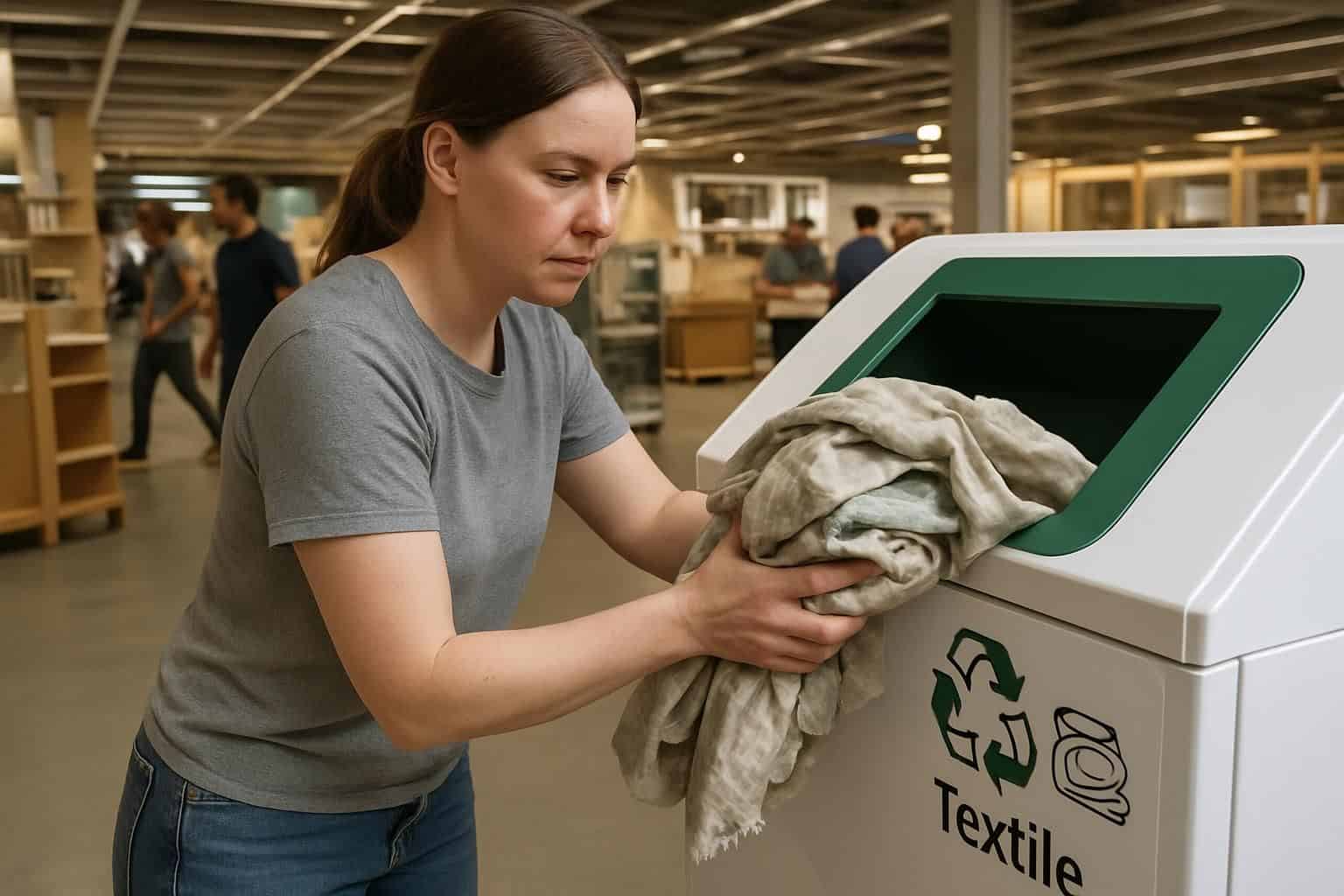 A woman in casual attire places aged bedding into a textile recycling bin at an IKEA store. A woman in casual attire places aged bedding into a textile recycling bin at an IKEA store.