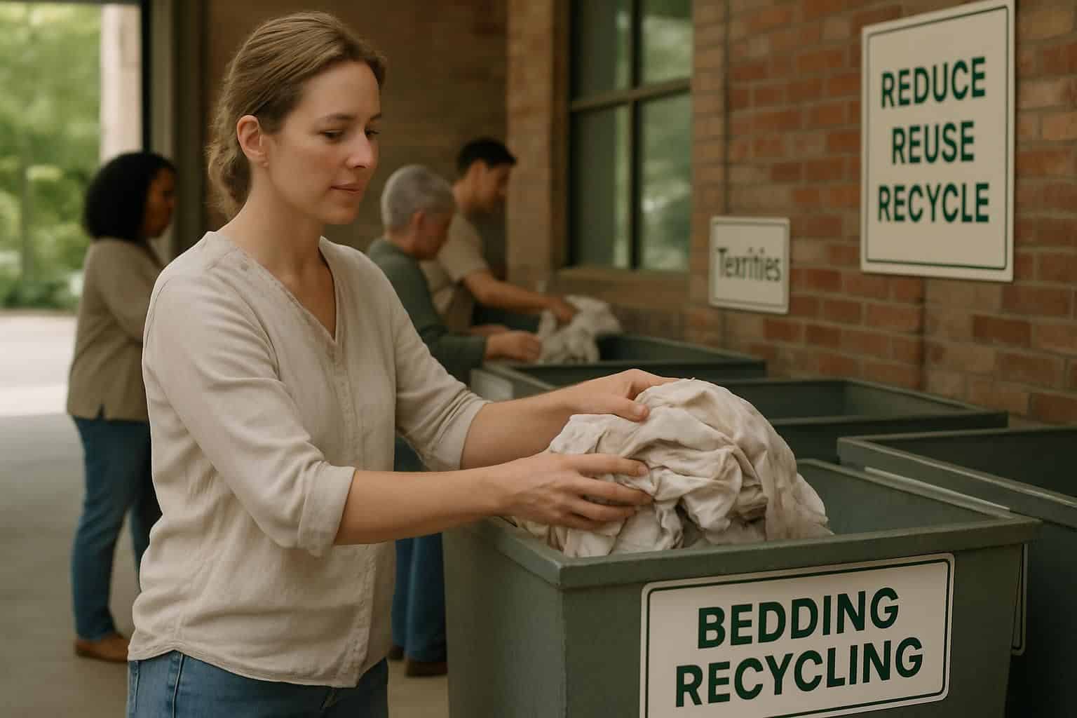 A woman at a recycling center gently places old bedsheets into a designated bedding recycling bin, embodying environmental responsibility. A woman at a recycling center gently places old bedsheets into a designated bedding recycling bin, embodying environmental responsibility.