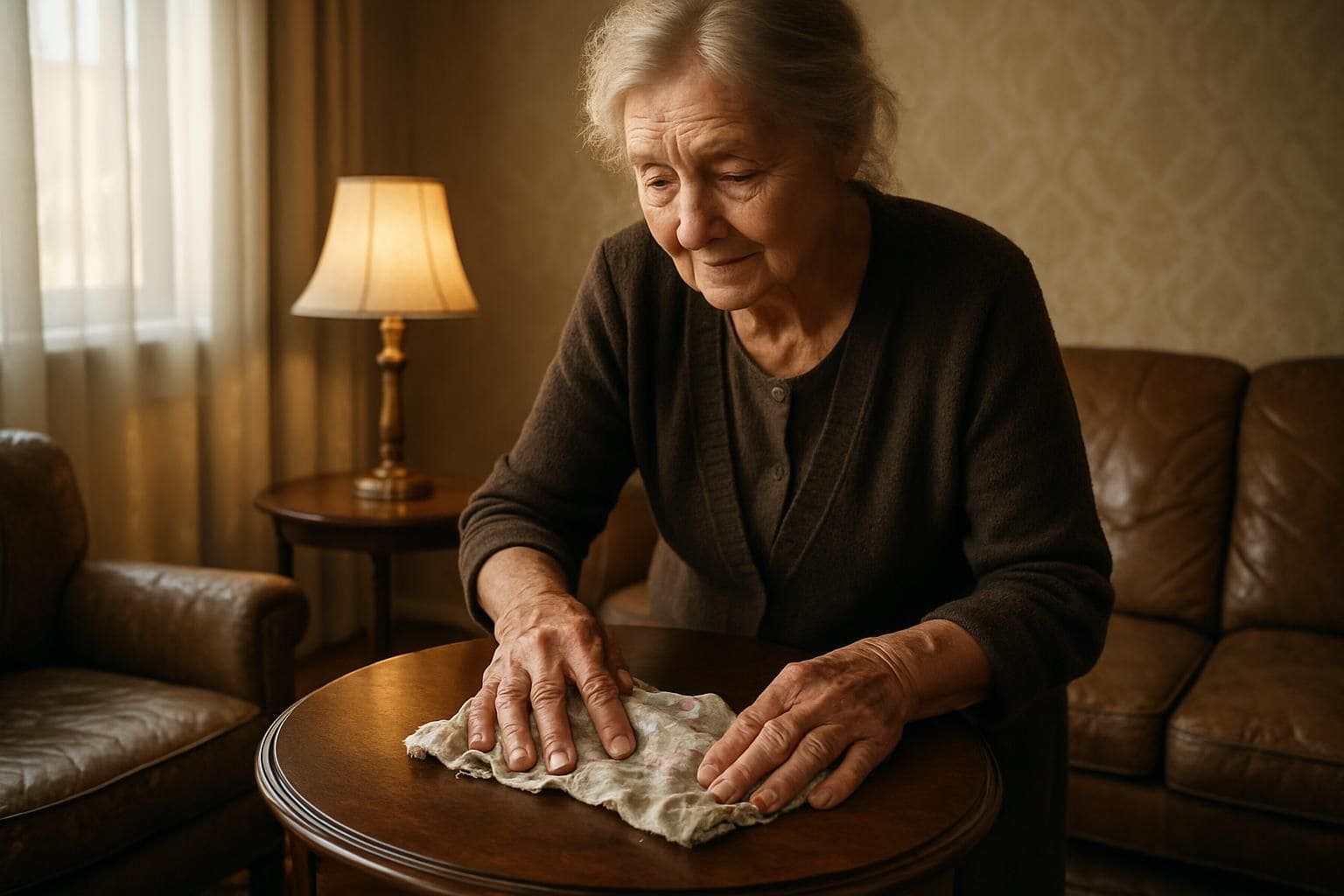 An elderly woman dusts a wooden side table in a vintage living room, exuding serenity and focus. An elderly woman dusts a wooden side table in a vintage living room, exuding serenity and focus.
