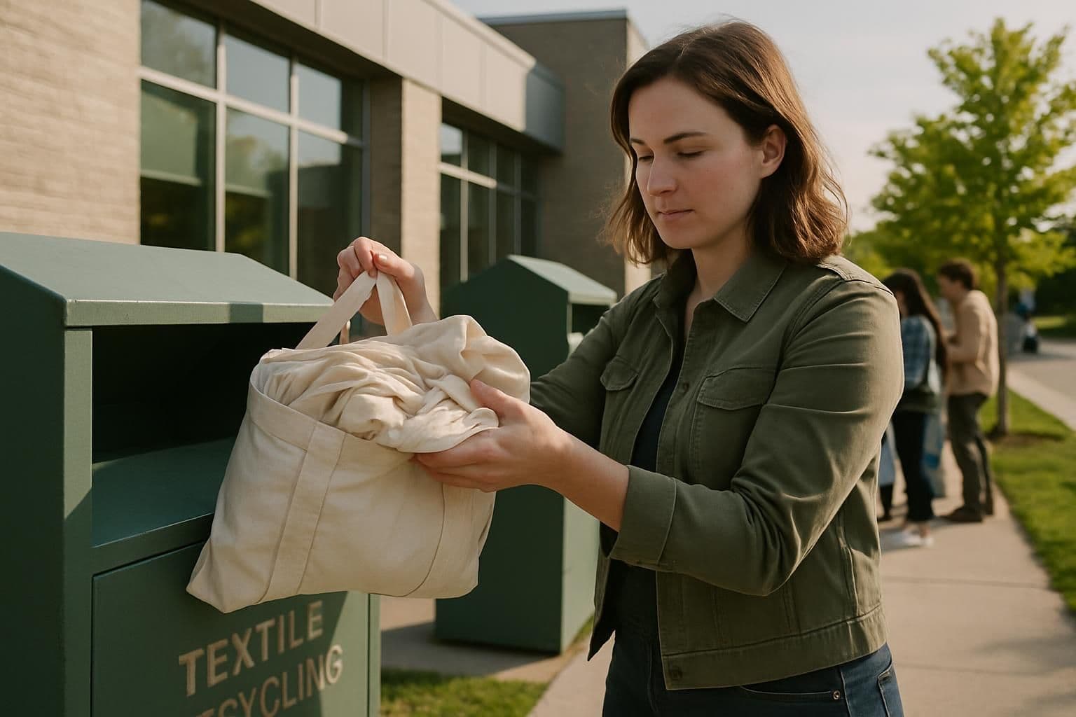 A woman in an olive green jacket actively recycles used fabric at a community center with others nearby. A woman in an olive green jacket actively recycles used fabric at a community center with others nearby.