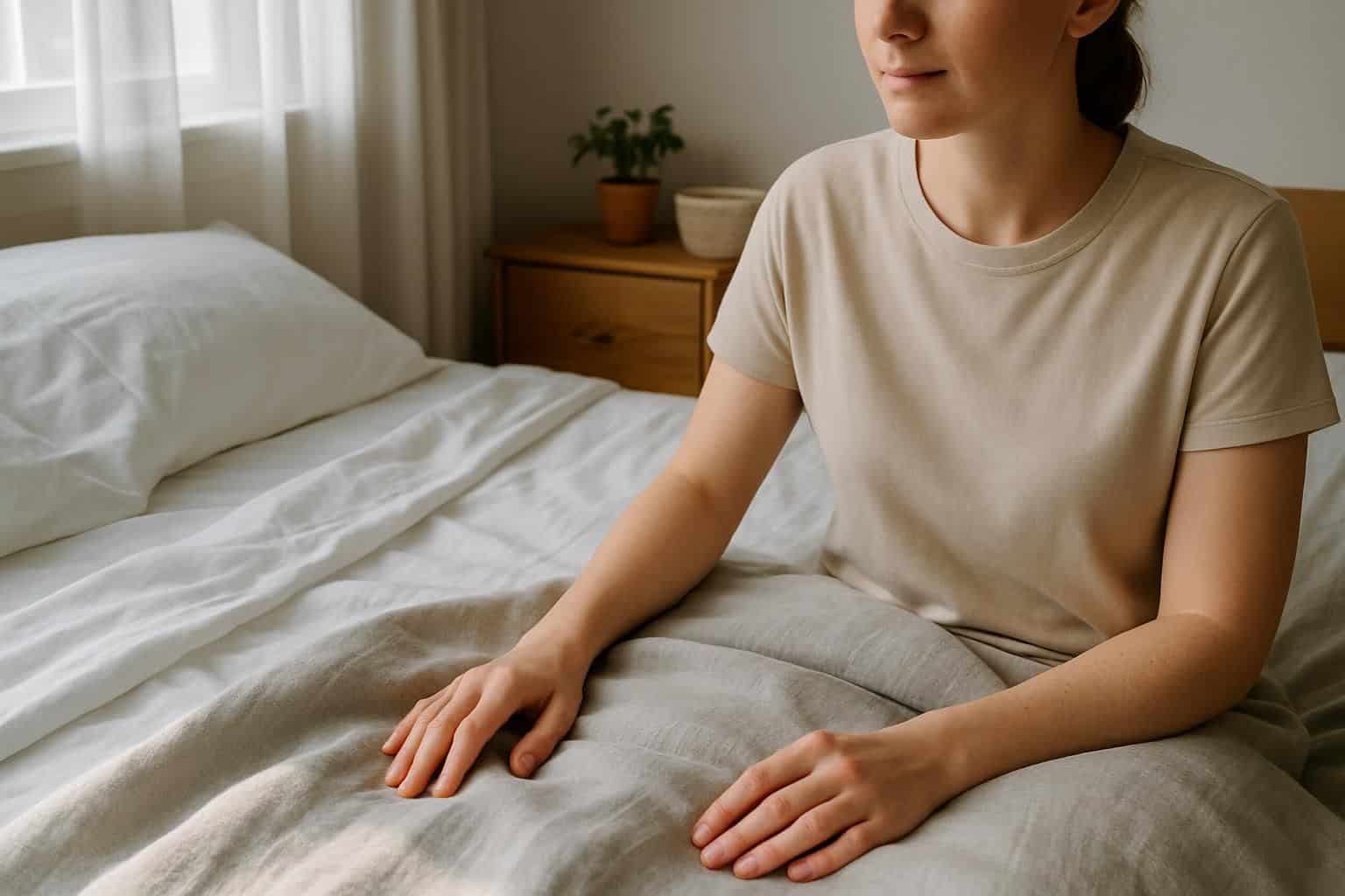 A serene individual sits on a neatly made bed with crisp white sheets and a light gray linen blanket. A serene individual sits on a neatly made bed with crisp white sheets and a light gray linen blanket.