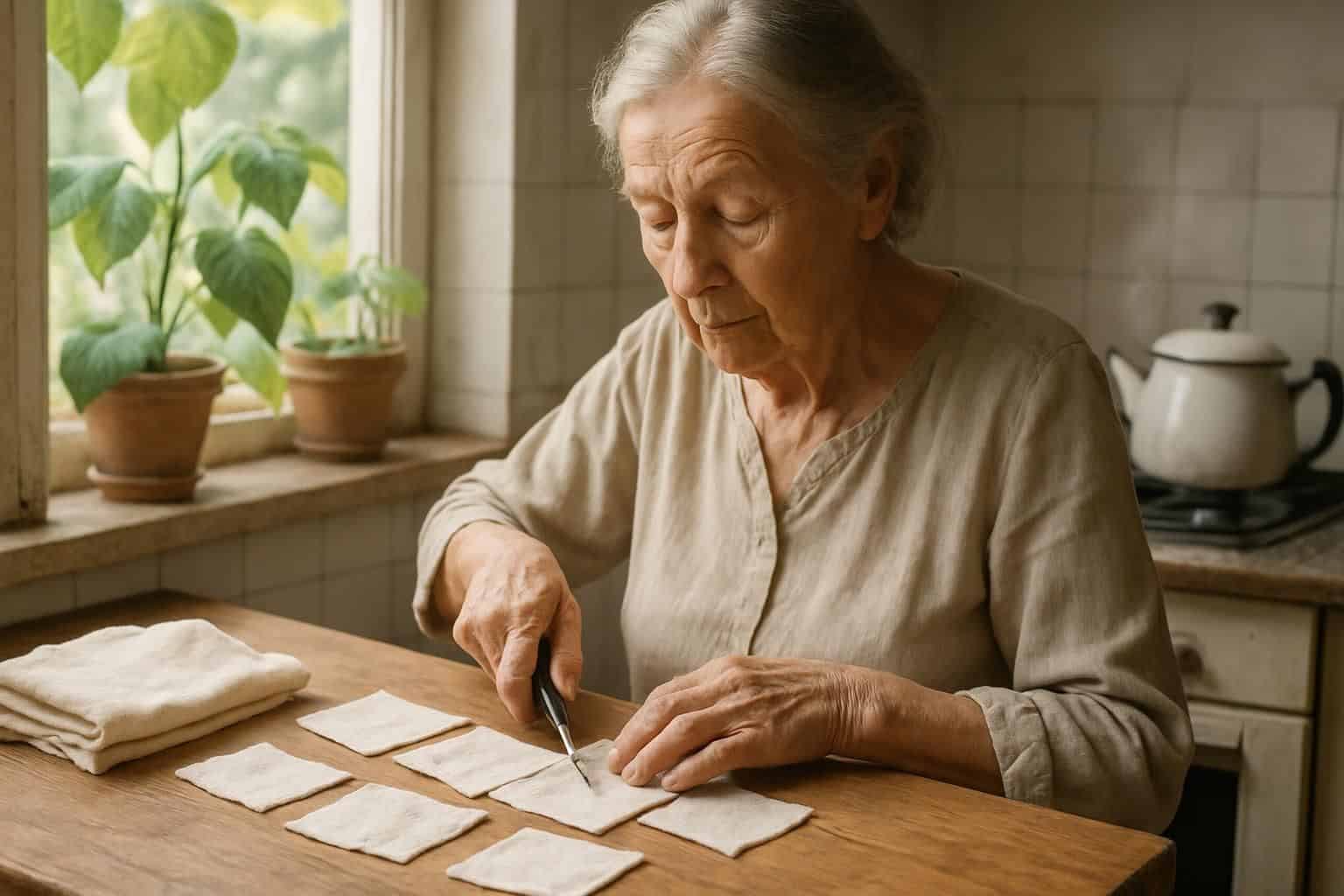 An elderly woman carefully cuts cotton fabric into squares on a wooden countertop in a simple kitchen. An elderly woman carefully cuts cotton fabric into squares on a wooden countertop in a simple kitchen.