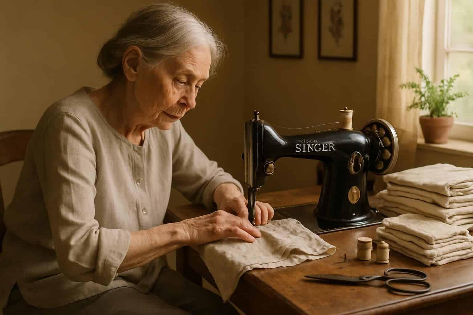 An elderly woman skillfully sews at a vintage machine, surrounded by fabric and crafting supplies in a cozy room. An elderly woman skillfully sews at a vintage machine, surrounded by fabric and crafting supplies in a cozy room.