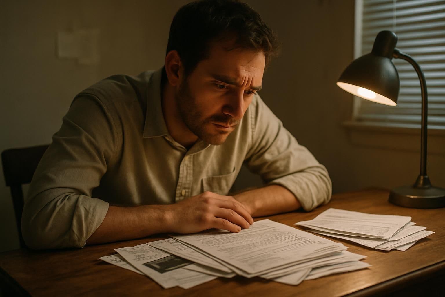 A weary man sits at a cluttered desk, overwhelmed by unpaid bills and financial stress. A weary man sits at a cluttered desk, overwhelmed by unpaid bills and financial stress.