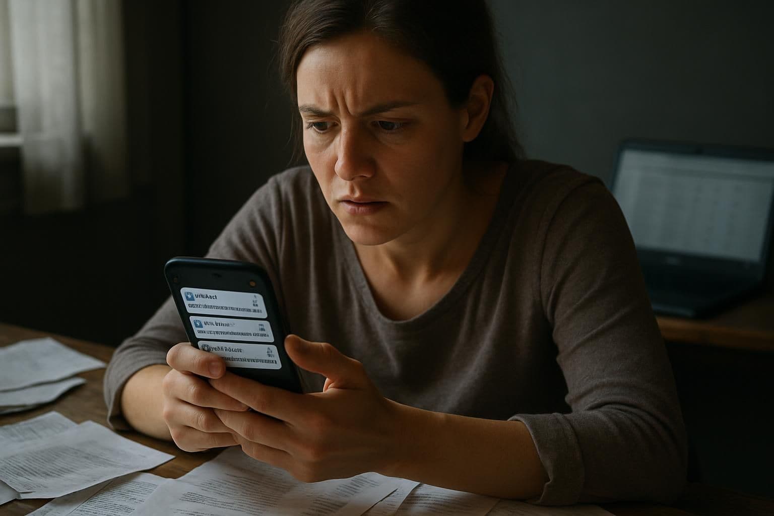 A woman sits at a cluttered desk, anxiously reviewing unauthorized bank transactions on her smartphone. A woman sits at a cluttered desk, anxiously reviewing unauthorized bank transactions on her smartphone.