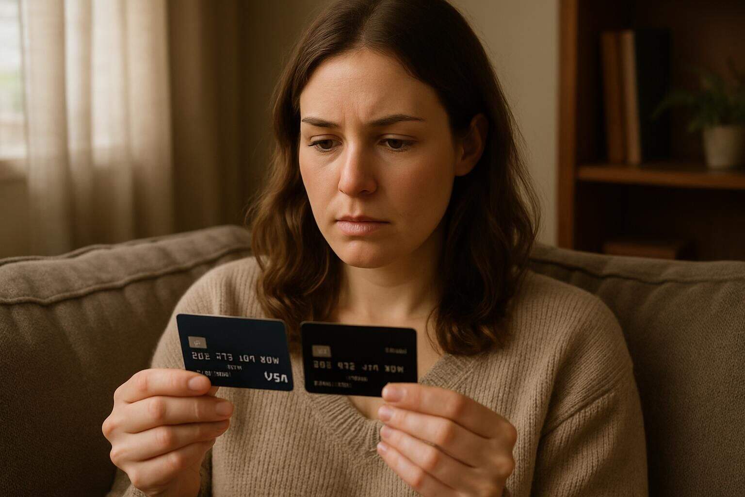 A woman thoughtfully examines two credit cards while seated on a cozy sofa in a serene living room. A woman thoughtfully examines two credit cards while seated on a cozy sofa in a serene living room.