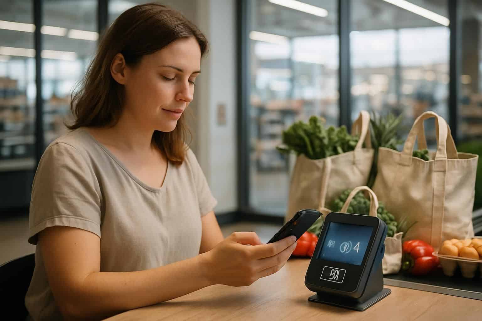 A woman confidently completes her grocery purchase at a checkout counter, surrounded by reusable bags and a full conveyor belt. A woman confidently completes her grocery purchase at a checkout counter, surrounded by reusable bags and a full conveyor belt.