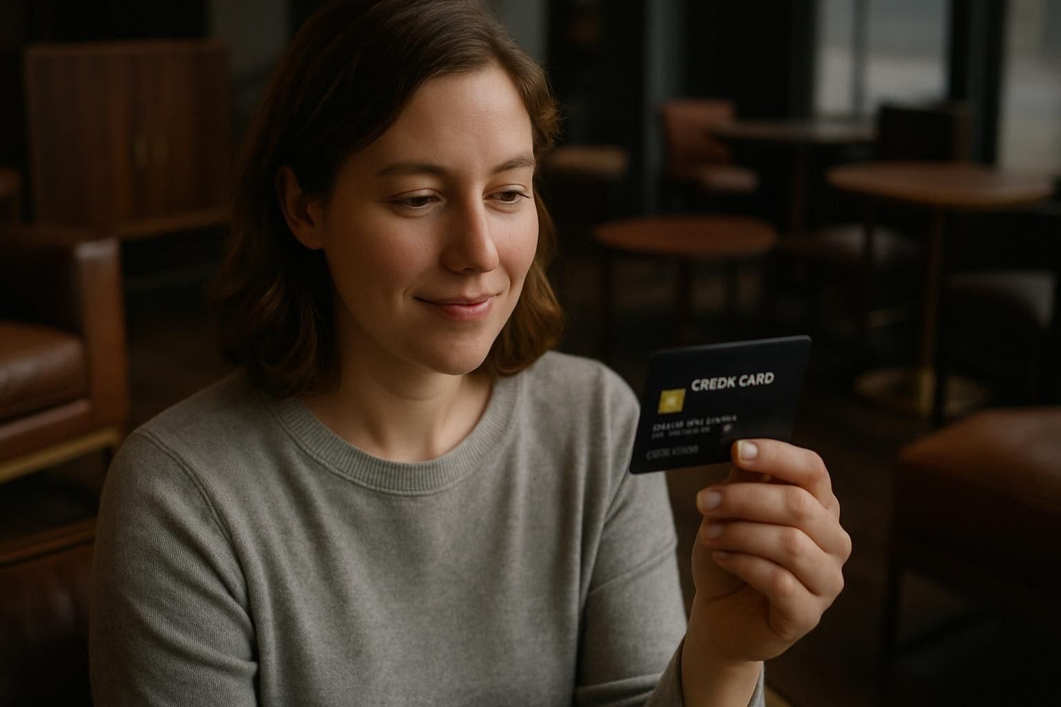 A woman in a gray sweater smiles thoughtfully while holding a black credit card in a luxurious showroom. A woman in a gray sweater smiles thoughtfully while holding a black credit card in a luxurious showroom.