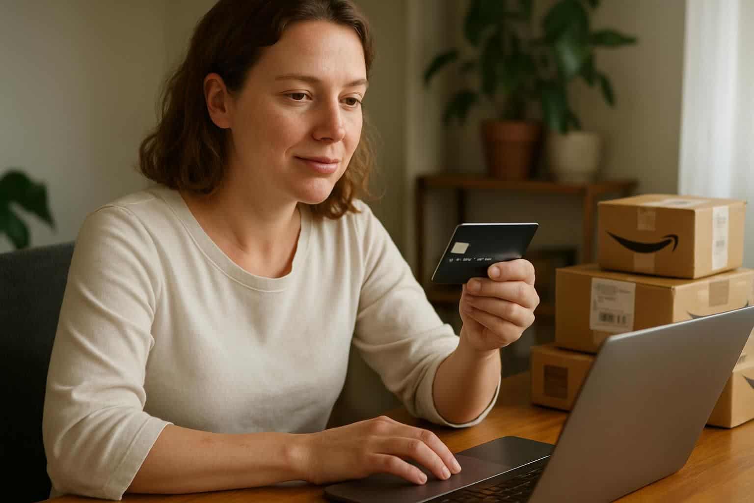 A woman in a cozy home office holds a credit card, surrounded by packages and working on her laptop. A woman in a cozy home office holds a credit card, surrounded by packages and working on her laptop.