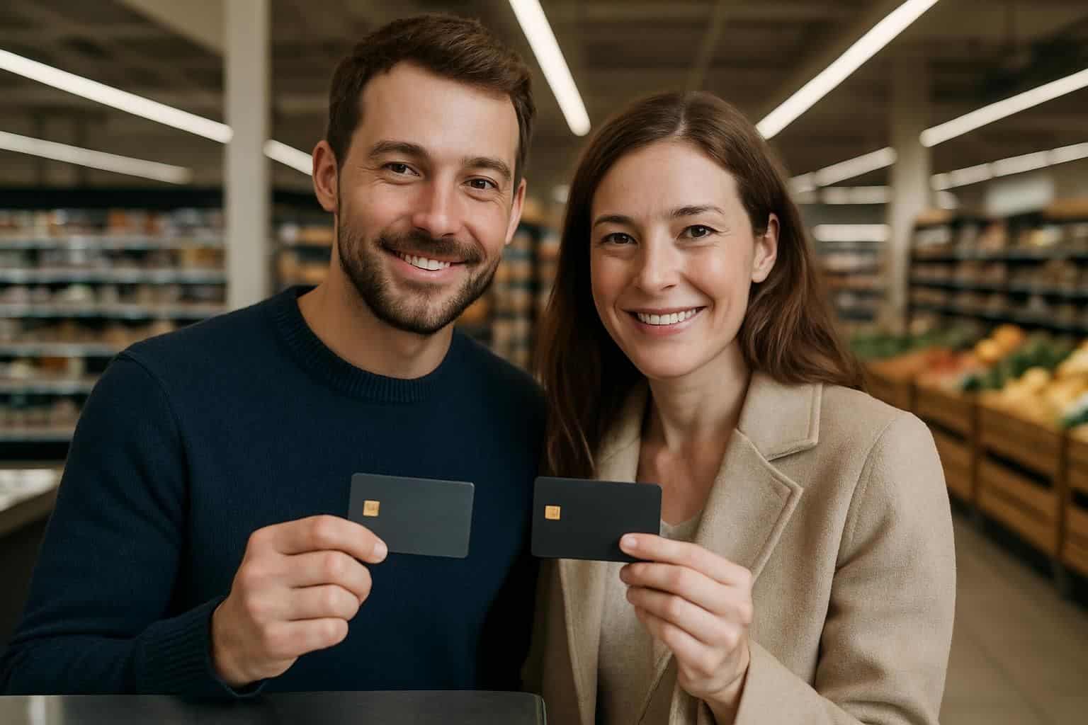 A relaxed couple stands at a checkout counter, holding credit cards and smiling, amidst a well-stocked grocery store. A relaxed couple stands at a checkout counter, holding credit cards and smiling, amidst a well-stocked grocery store.