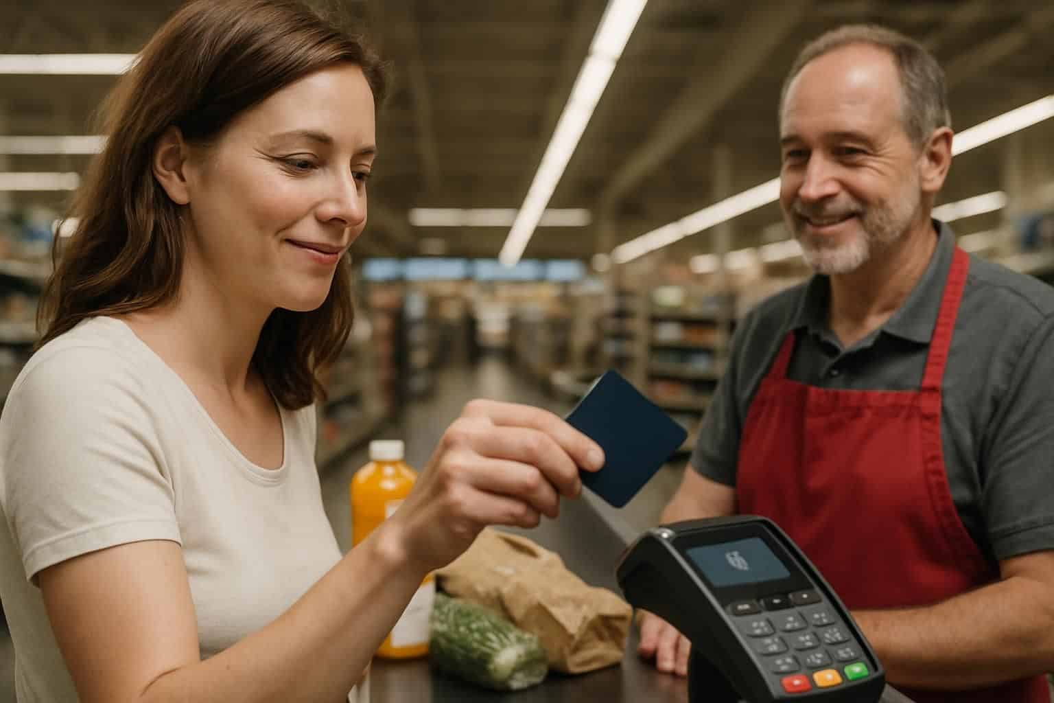 A woman in a cream blouse smiles while paying at a grocery store checkout, engaged with the cashier. A woman in a cream blouse smiles while paying at a grocery store checkout, engaged with the cashier.