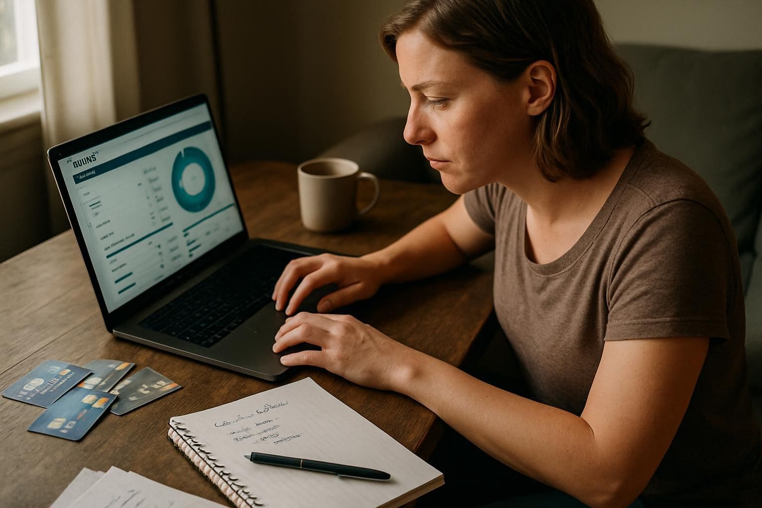 A woman focuses on budgeting at a wooden desk cluttered with credit cards, notes, and bills. A woman focuses on budgeting at a wooden desk cluttered with credit cards, notes, and bills.