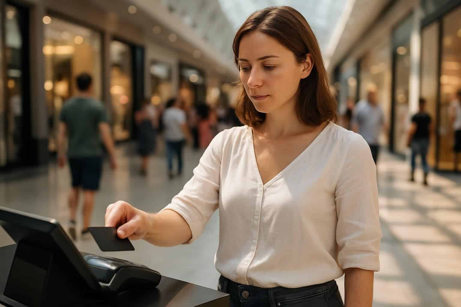 A woman in a cream blouse taps a credit card at a modern checkout counter in a busy shopping mall. A woman in a cream blouse taps a credit card at a modern checkout counter in a busy shopping mall.