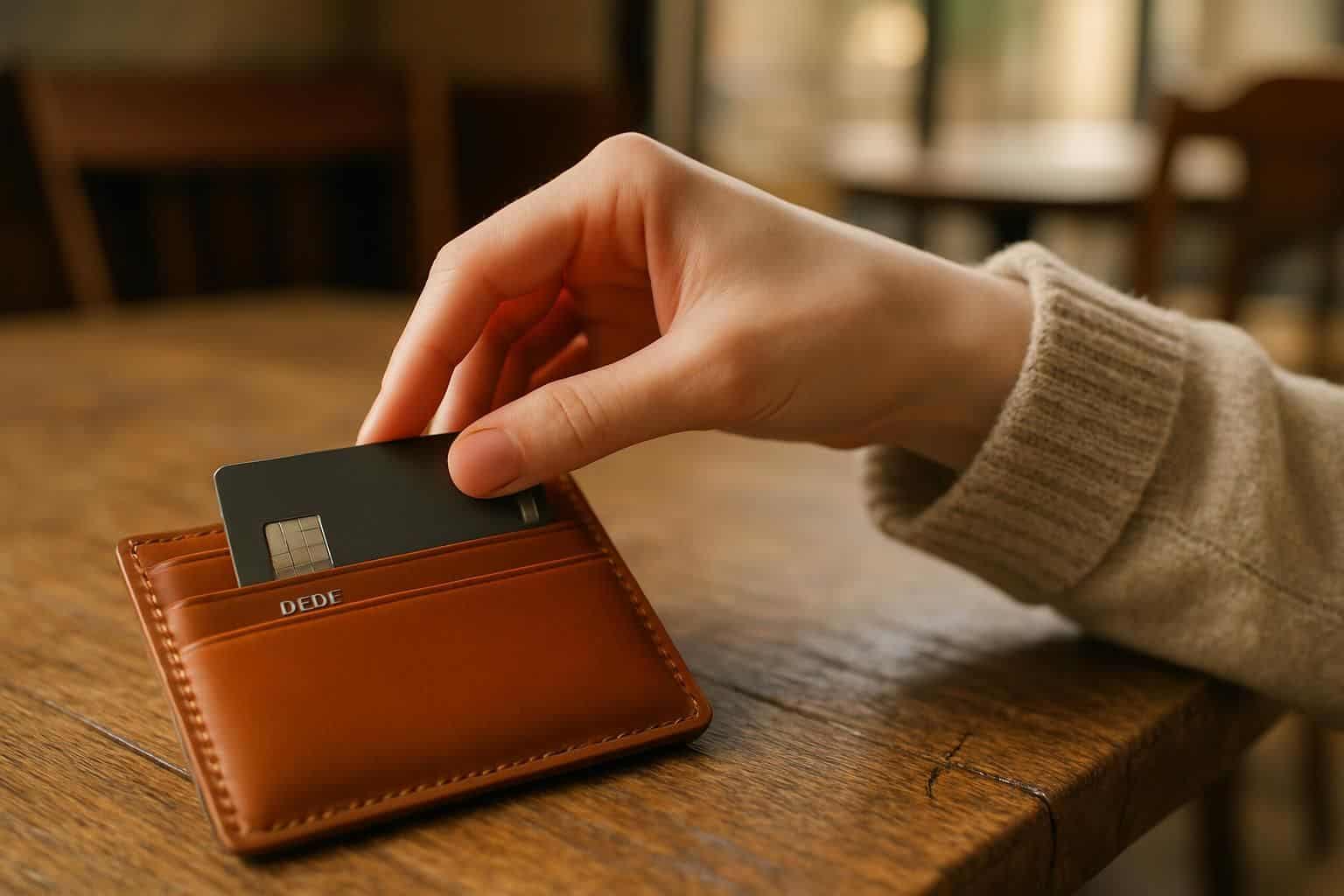 A wallet sits on a textured table as a woman's hand reaches for a debit card inside. A wallet sits on a textured table as a woman's hand reaches for a debit card inside.
