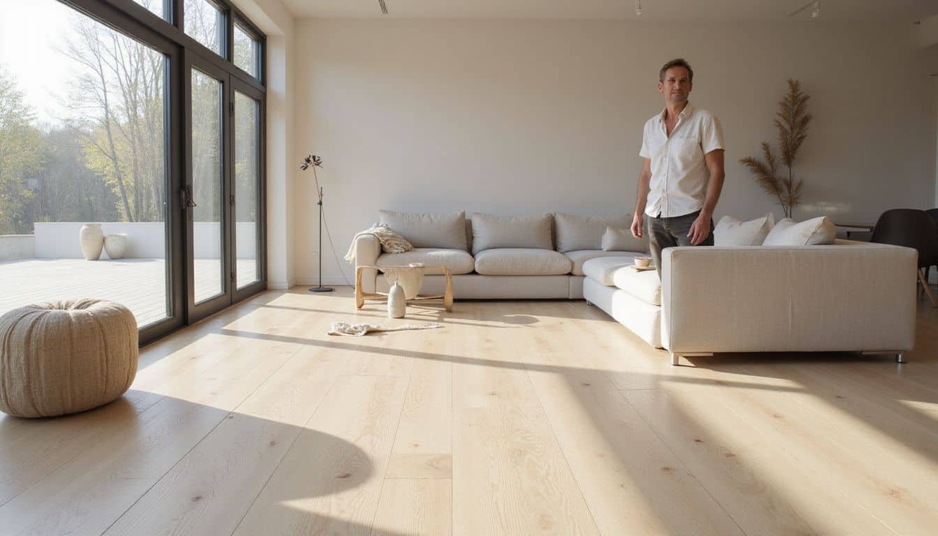 An elegant, minimalist living room features natural materials and a contemplative individual in a relaxed atmosphere. An elegant, minimalist living room features natural materials and a contemplative individual in a relaxed atmosphere.