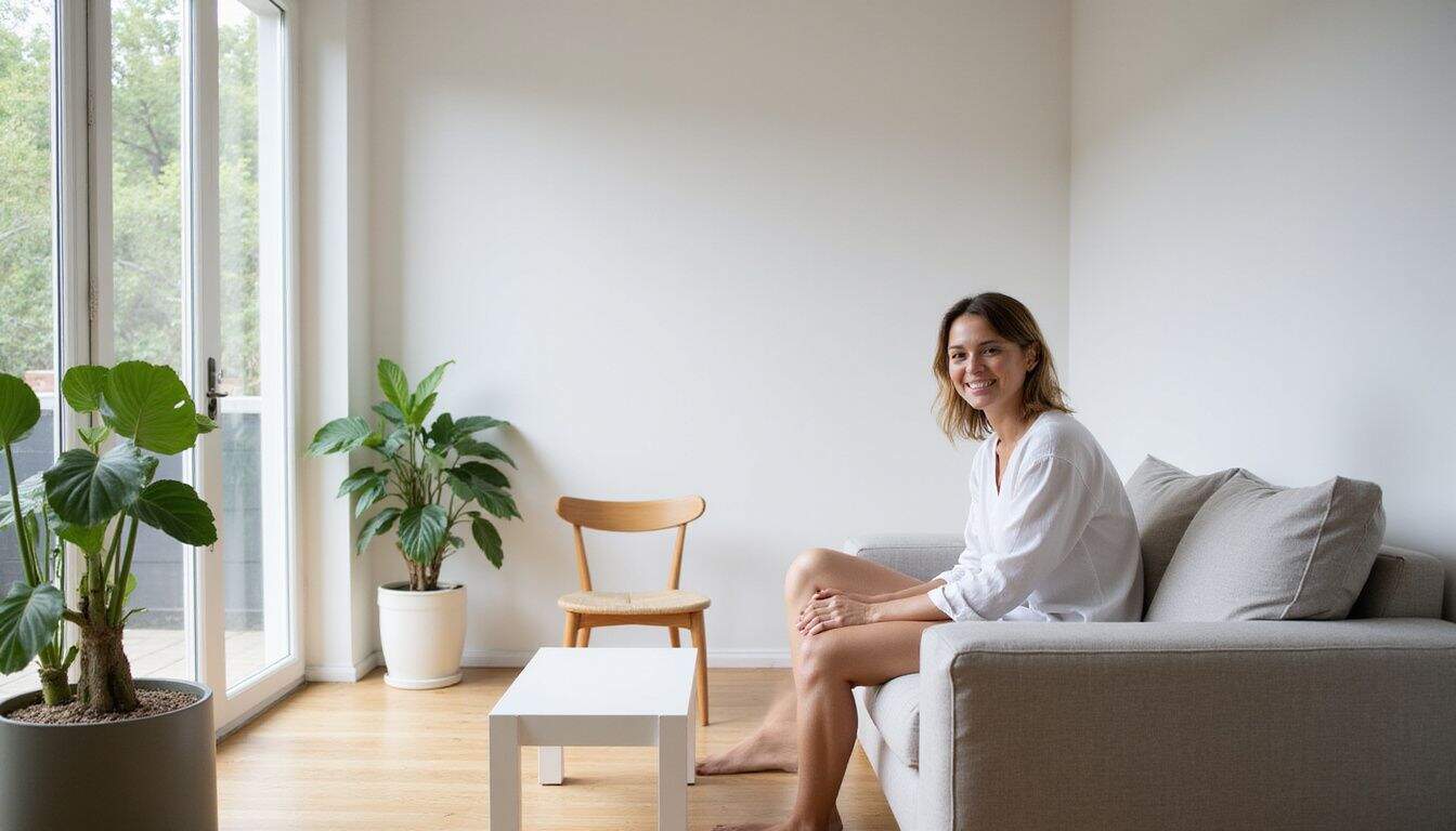 A minimalist Scandinavian living room features a relaxed individual on a gray sofa, complemented by stylish furniture and a potted plant. A minimalist Scandinavian living room features a relaxed individual on a gray sofa, complemented by stylish furniture and a potted plant.