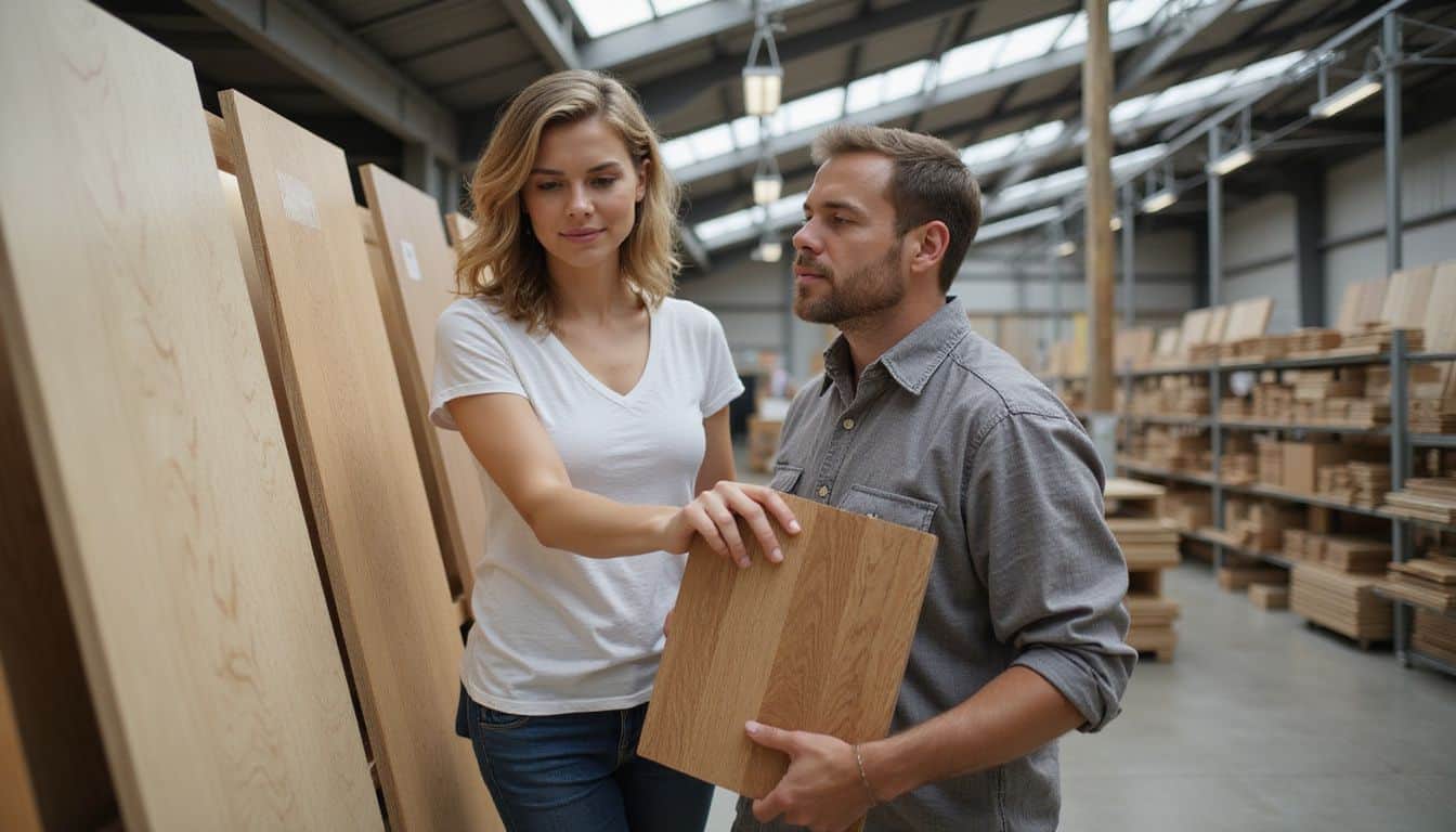 A couple examines wood flooring samples in a home improvement store, focused on their renovation choices. A couple examines wood flooring samples in a home improvement store, focused on their renovation choices.