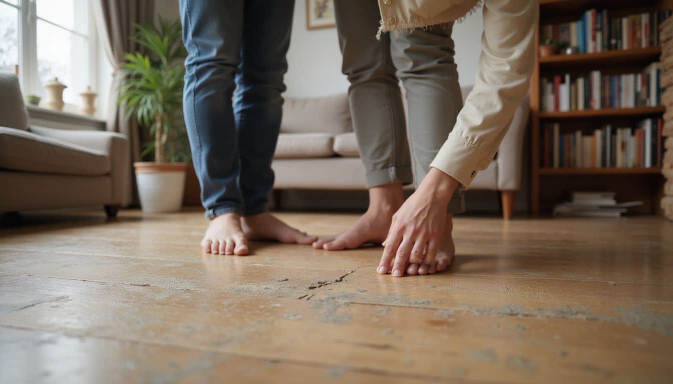 A couple stands in their cozy living room, highlighting the need for maintenance on their worn red oak floor. A couple stands in their cozy living room, highlighting the need for maintenance on their worn red oak floor.