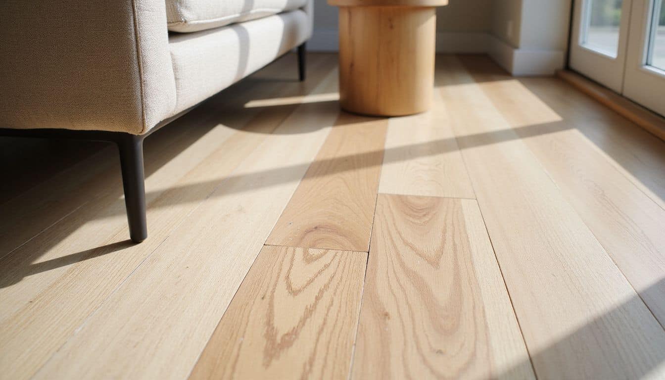 A close-up of white and red oak hardwood flooring showcases intricate grain patterns in a modern living room setting. A close-up of white and red oak hardwood flooring showcases intricate grain patterns in a modern living room setting.