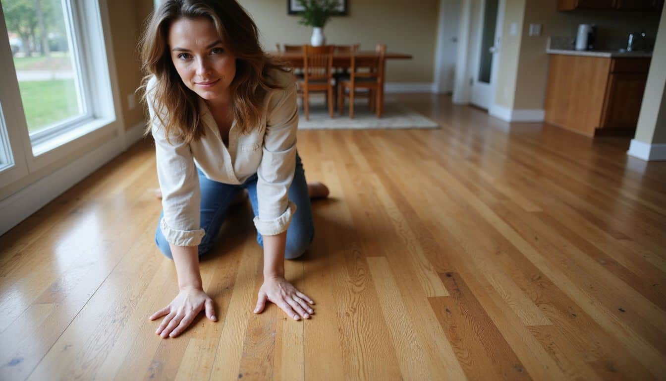 A woman crouches on a white oak floor, tracing its grain while wearing casual clothing in a cozy home setting. A woman crouches on a white oak floor, tracing its grain while wearing casual clothing in a cozy home setting.