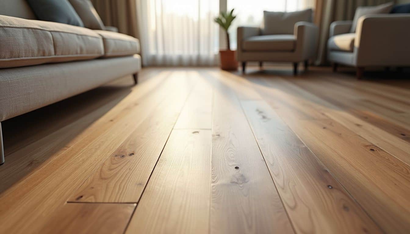 A close-up of dark-stained white oak floor planks showcases their intricate grain patterns in a modern living room setting. A close-up of dark-stained white oak floor planks showcases their intricate grain patterns in a modern living room setting.