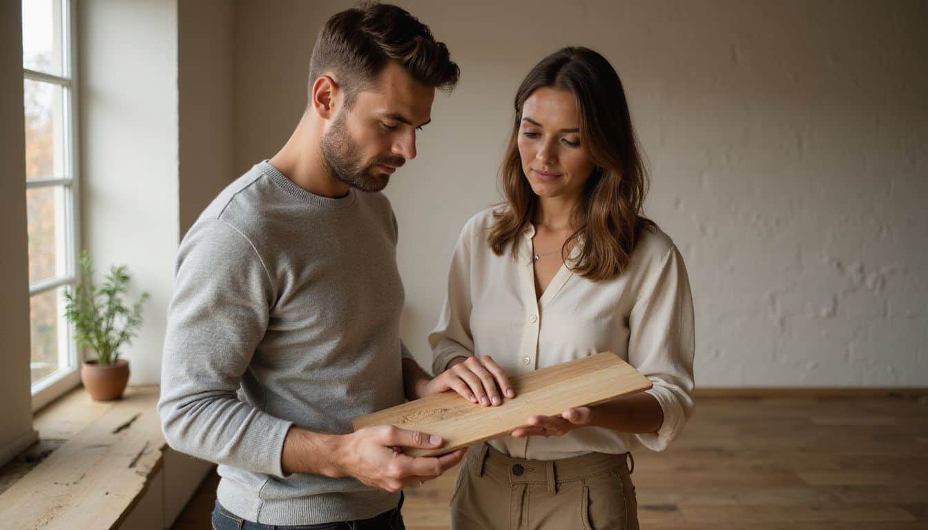 A couple thoughtfully examines two wood samples, comparing the textures and colors of white and red oak. A couple thoughtfully examines two wood samples, comparing the textures and colors of white and red oak.