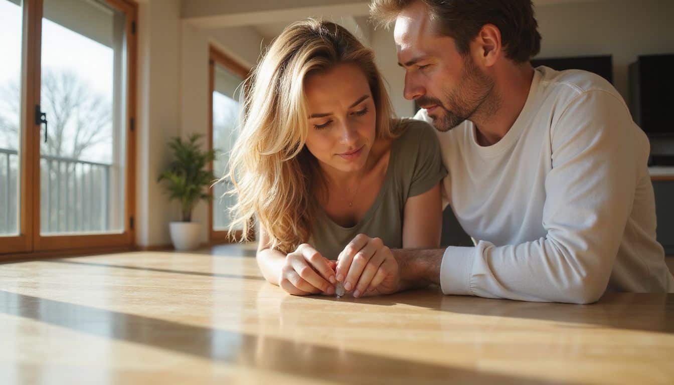 A middle-aged couple stands together in a cozy living room with new white oak flooring and minimalistic decor. A middle-aged couple stands together in a cozy living room with new white oak flooring and minimalistic decor.