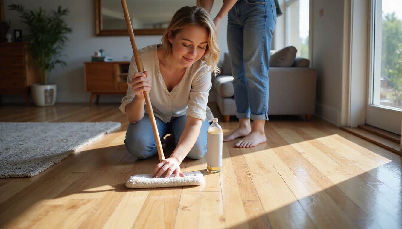 A woman in casual attire mops a beautifully crafted oak floor, exhibiting satisfaction in maintaining her cozy home. A woman in casual attire mops a beautifully crafted oak floor, exhibiting satisfaction in maintaining her cozy home.