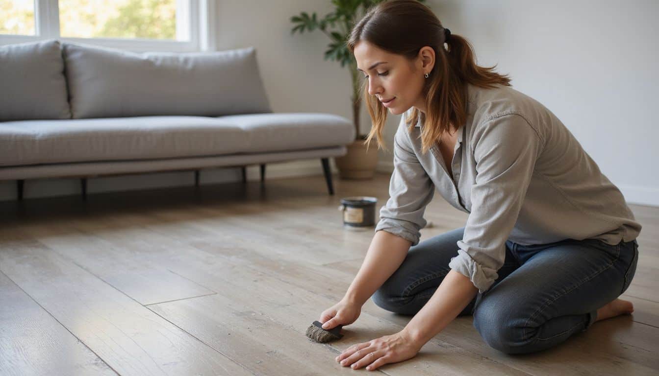 A woman applies gray stain to a white oak floor in a minimalist living room, showcasing focused craftsmanship. A woman applies gray stain to a white oak floor in a minimalist living room, showcasing focused craftsmanship.