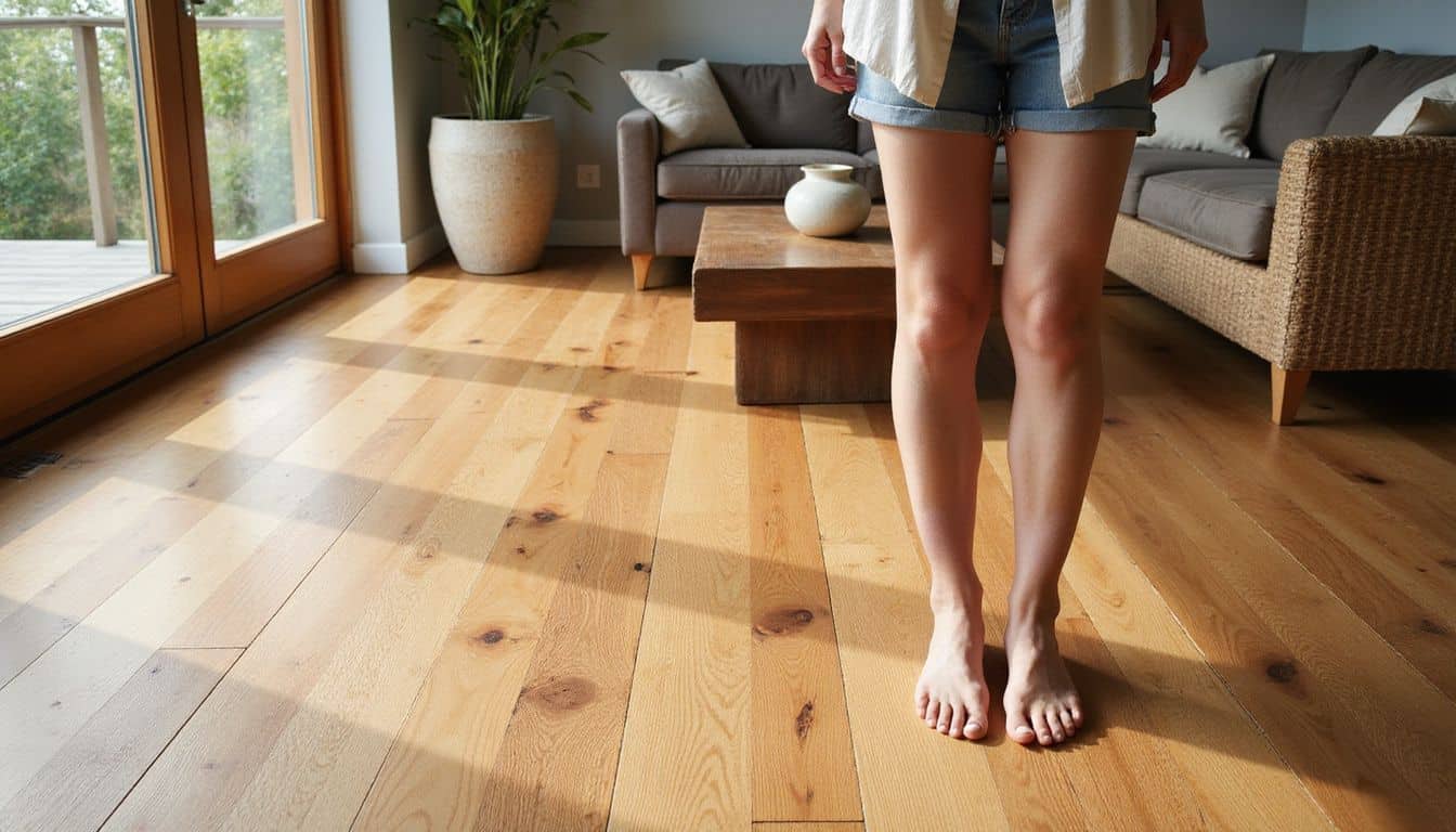 A relaxed person stands in a spacious living room with polished oak floors and inviting, textured furnishings. A relaxed person stands in a spacious living room with polished oak floors and inviting, textured furnishings.