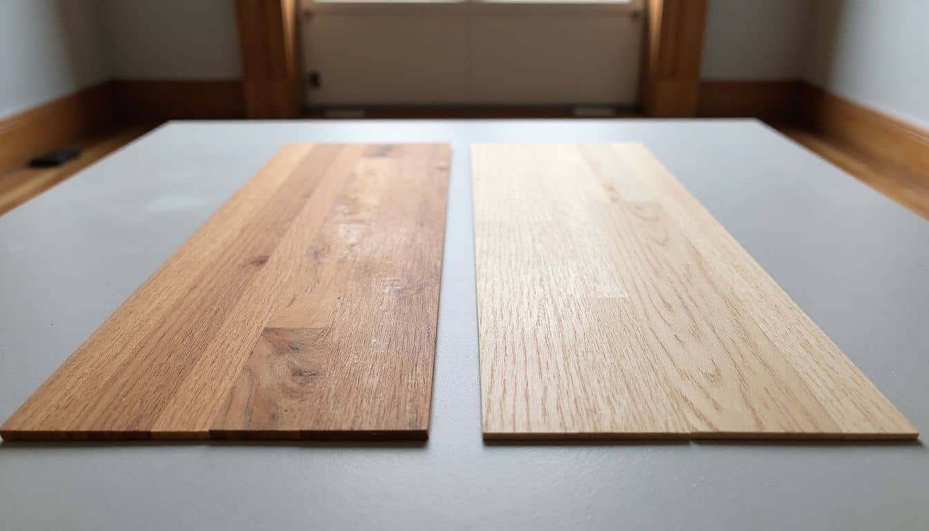 The image features two oak flooring samples: standard red oak with warm tones and premium white oak with cooler hues. The image features two oak flooring samples: standard red oak with warm tones and premium white oak with cooler hues.