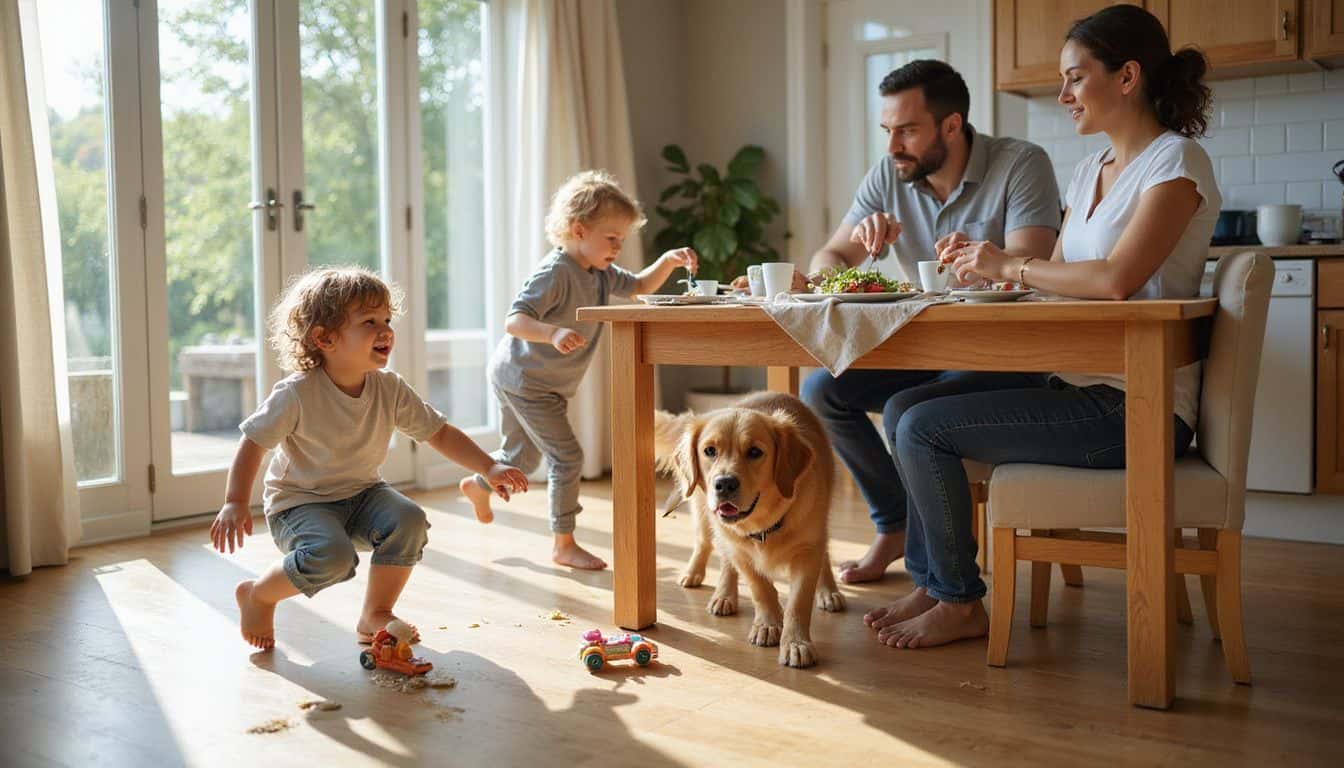 A cheerful family of four enjoys a meal in their inviting kitchen, accompanied by their playful golden retriever. A cheerful family of four enjoys a meal in their inviting kitchen, accompanied by their playful golden retriever.