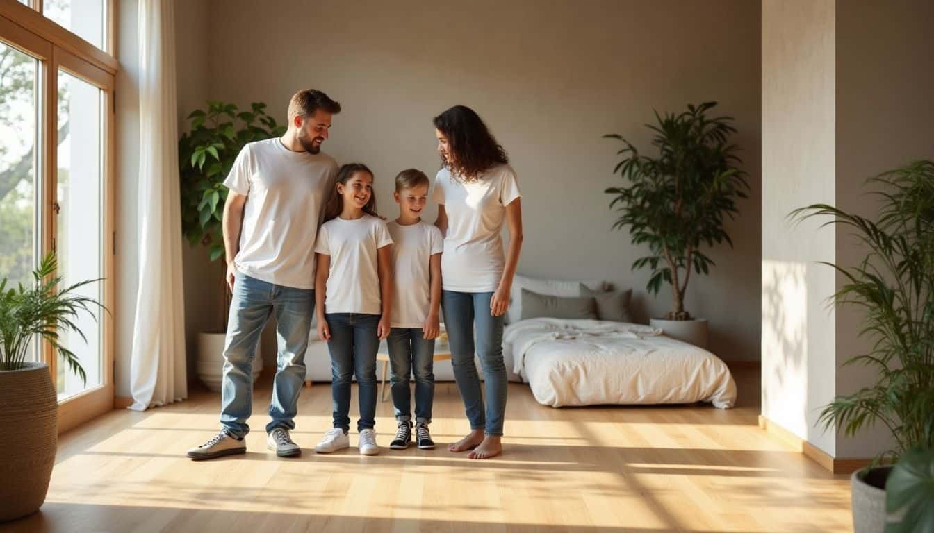 A family of four stands together in a minimalistic living room with eco-friendly decor and natural wood flooring. A family of four stands together in a minimalistic living room with eco-friendly decor and natural wood flooring.