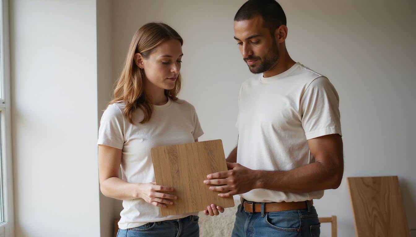A man and woman thoughtfully compare hardwood flooring samples in a modestly furnished room. A man and woman thoughtfully compare hardwood flooring samples in a modestly furnished room.