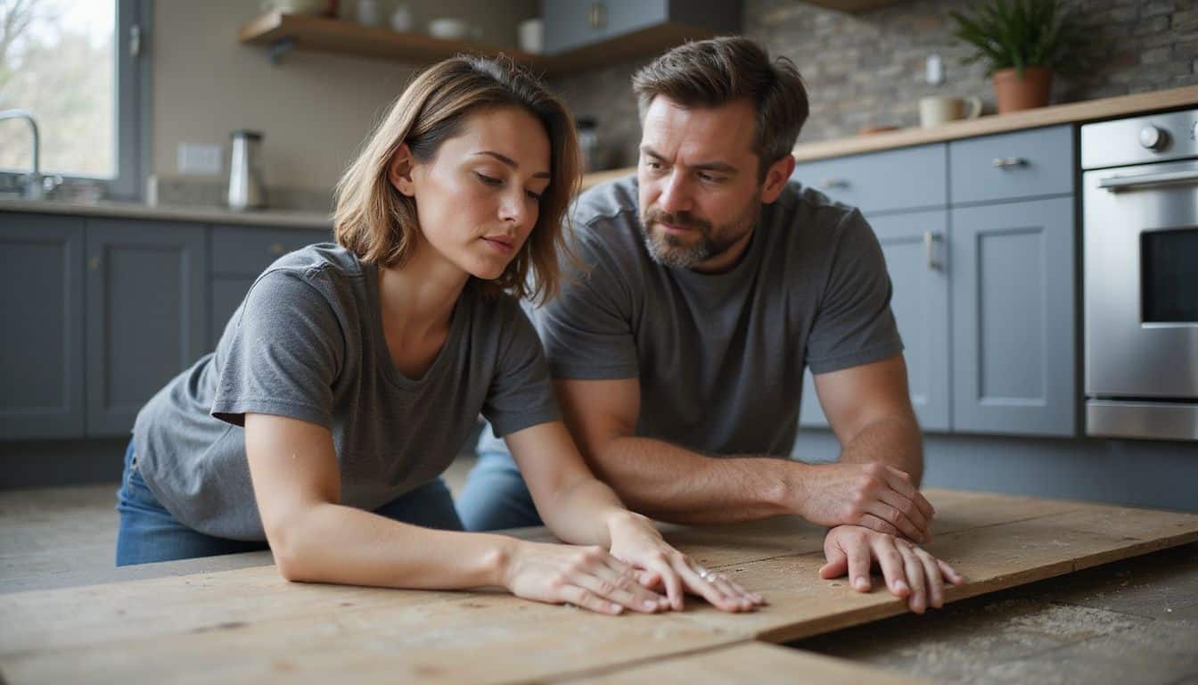 A couple meticulously installs white oak flooring in a contemporary kitchen, showcasing their craftsmanship and focused teamwork. A couple meticulously installs white oak flooring in a contemporary kitchen, showcasing their craftsmanship and focused teamwork.